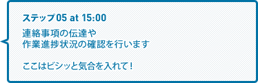 連絡事項の伝達や作業進捗状況の確認を行います　ここはビシッと気合を入れて！